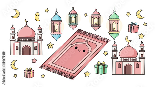 Cute Ramadan Elements: Mosques, Lanterns, Prayer Rug, Gifts, Moons, Stars