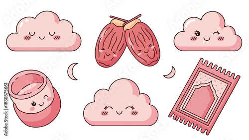 Cute Ramadan Icons: Clouds, Dates, Prayer Mat, Crescent Moon, and Cup