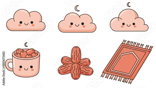 Cute Ramadan Icons: Clouds, Dates, Prayer Mat, Moon, Cup