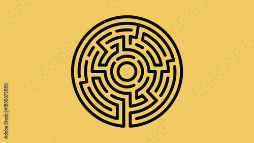 Circular maze design with black lines on yellow background for problem solving