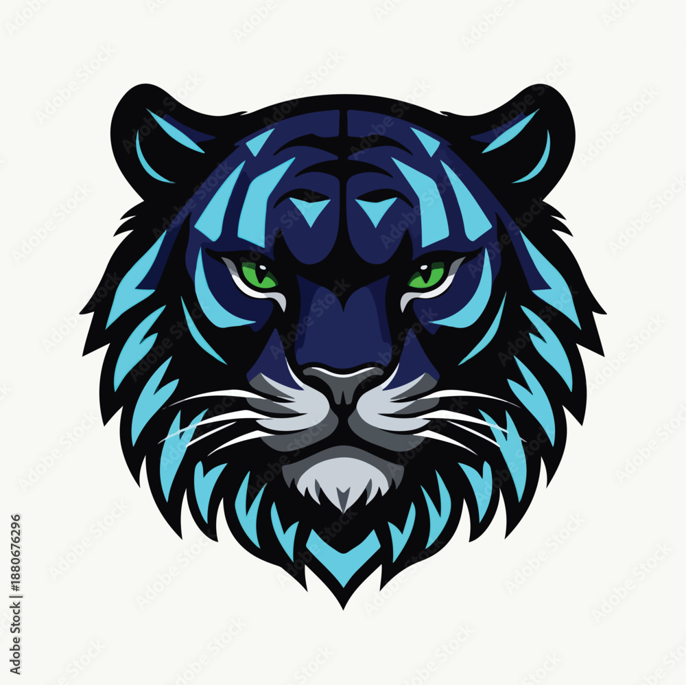 Obraz premium Blue Tiger Face Illustration – Symmetrical Angular Design with Green Eyes and Turquoise Accents