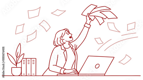 Overwhelmed businesswoman juggling many tasks at her desk with papers flying around.