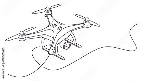 Modern drone with camera suspended by a thin cable, ready for aerial photography.