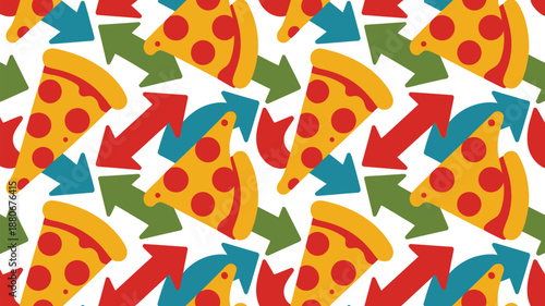 Colorful pizza slices with arrows pointing in different directions