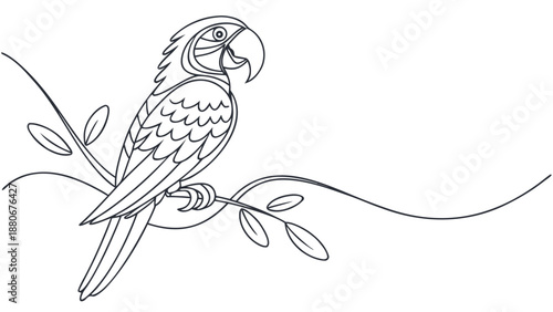 Detailed line art illustration of a colorful parrot perched on a delicate branch with leaves