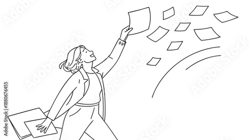 Woman joyfully releases papers into the air, symbolizing freedom and new ideas.