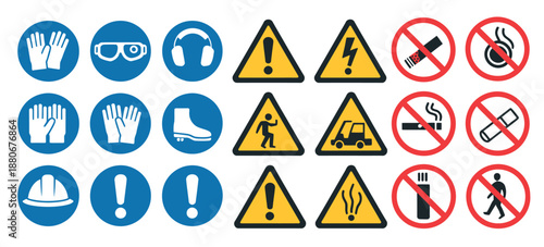 Workplace safety signs collection, construction and factory warning symbols,
