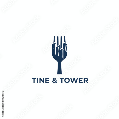 City skyline silhouette inside a dining fork icon for urban restaurant and culinary branding with the text TINE & TOWER in navy blue.