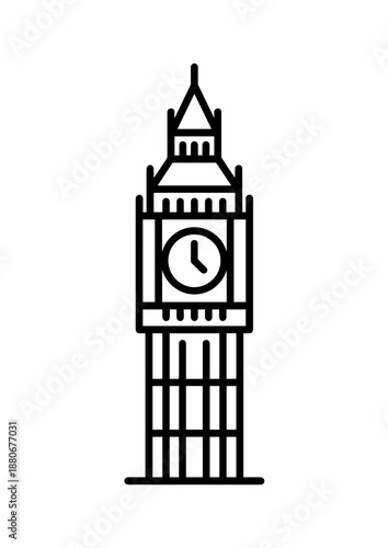 Big Ben Vector Line Art Icon of London Clock Tower Landmark in Black and White Outline Style Isolated on White Background for Coloring Book Page or Minimalist Travel Logo Design.