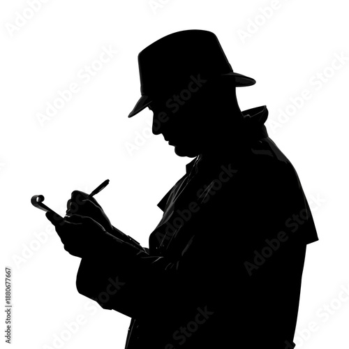 Silhouette of a detective writing notes with a pen and notepad.