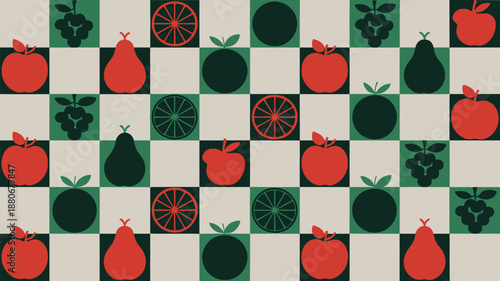 Vibrant fruit pattern with apples, pears, and citrus on green background
