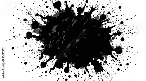 A dynamic black ink splat with numerous smaller droplets radiating outwards on a clean white background, creating an abstract and expressive visual.