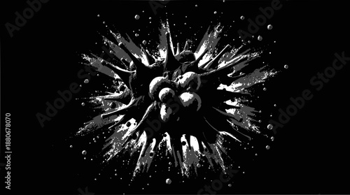 A high-contrast black and white abstract image depicting a spiky, exploding sphere with radiating particles.