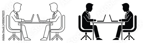 Business meeting icon set with two people working on laptops at a desk