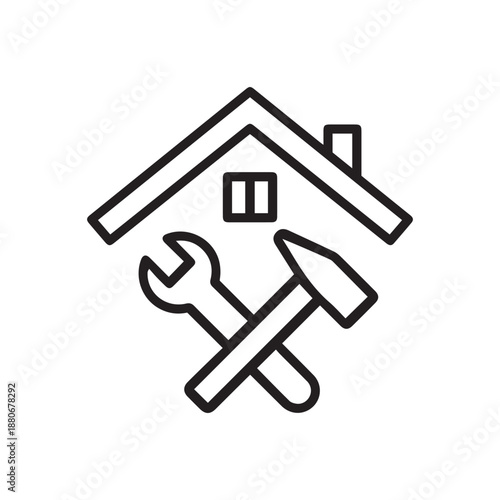 Home repair, linear icon. Home roof and tools for repair. Roof repair. Construction, repair, roofing. Line with editable stroke
