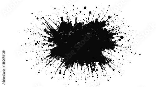 A black ink splatter with many small dots radiating outwards on a white background, creating an abstract graphic element.