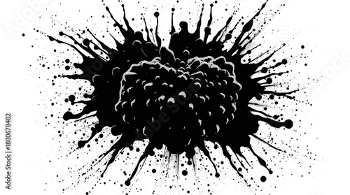 A black, textured, organic-like blob exploding with radial ink splatters on a stark white background.