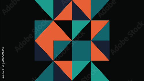 Vibrant geometric pattern with orange, green, and dark blue triangles on black