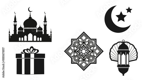 Islamic Icons: Mosque, Gift, Crescent Moon, Star, Lantern, Geometric Pattern
