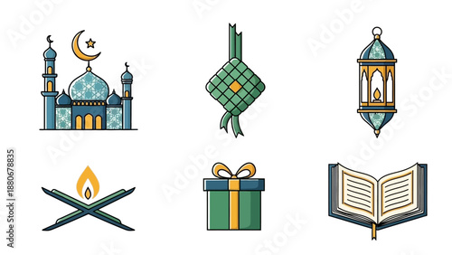 Islamic Icons: Mosque, Lantern, Quran, Gift, Ketupat, Candle