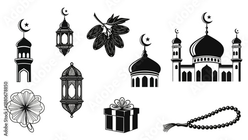 Islamic Icons: Mosque, Lanterns, Dates, Gift, Prayer Beads, Flower