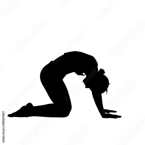 Silhouette of a woman performing the cat cow yoga pose.