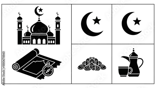 Islamic Icons: Mosque, Prayer Mat, Compass, Crescent Moon, Dates, Coffee Pot