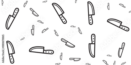 Seamless pattern of kitchen knives in a doodle style on a white background