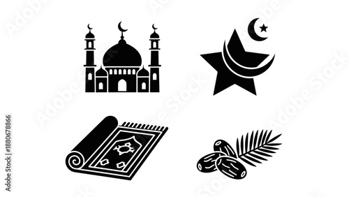 Islamic Icons: Mosque, Prayer Mat, Dates, Star, Crescent Moon - Ramadan, Eid Symbols