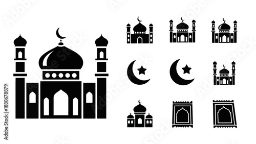 Islamic Icons: Mosques, Crescent Moon, and Prayer Mats