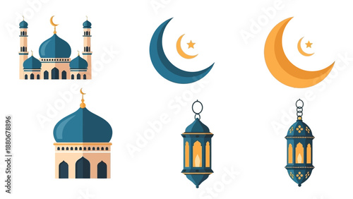 Islamic Icons: Mosques, Crescent Moons, and Lanterns for Ramadan and Eid