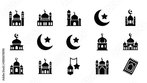 Islamic Icons: Mosques, Crescent Moon, Star, Lantern, and Prayer Rug Collection