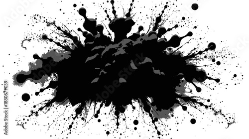 Dynamic black ink splatter explosion on a pristine white background, creating an abstract and artistic visual.