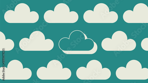 Teal background with white cloud shapes and one outlined cloud