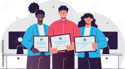Diverse professional team holding certificates for business success illustration