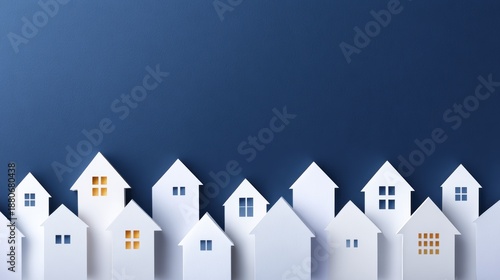 Minimalist paper houses on blue background representing real estate concepts