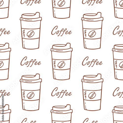 Seamless pattern of takeaway coffee cups, hand drawn beige line illustration on white background. Glass with lid to go and text. Vector minimalist print for wrapper or paper dishes in coffee shop.