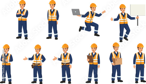 Vibrant Vector Illustration Set of Construction Workers in Safety Gear Featuring Engineering Tools and Professional Site Poses.