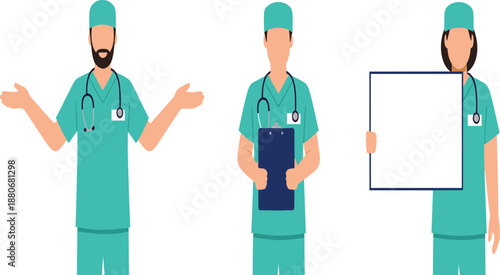 Professional Vector Illustration of Medical Staff in Teal Scrubs Featuring Surgeons with Clipboard and Presentation Board.