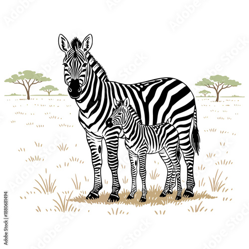 Detailed Line Drawing Zebra with Foal Standing in African Savanna Illustration