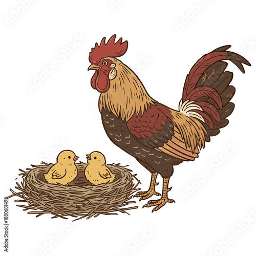Charming Hand Drawn Rooster and Chick Nest Illustration Farm Animal