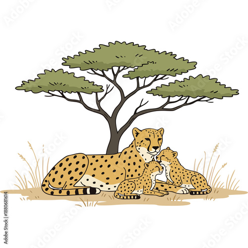 Detailed Cartoon Hyena Family Illustration with Two Cubs in Nature Scene