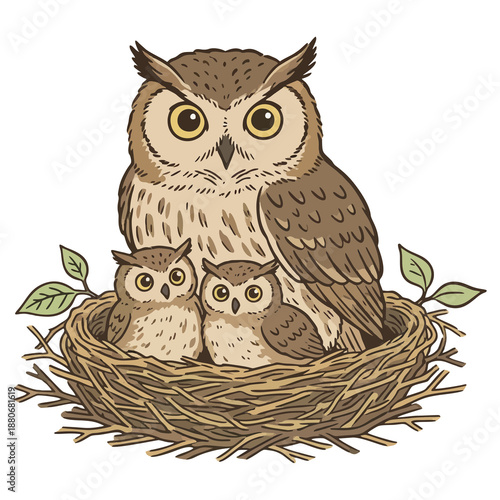 Cute Handdrawn Cartoon Owl Family in Nest Illustration Design