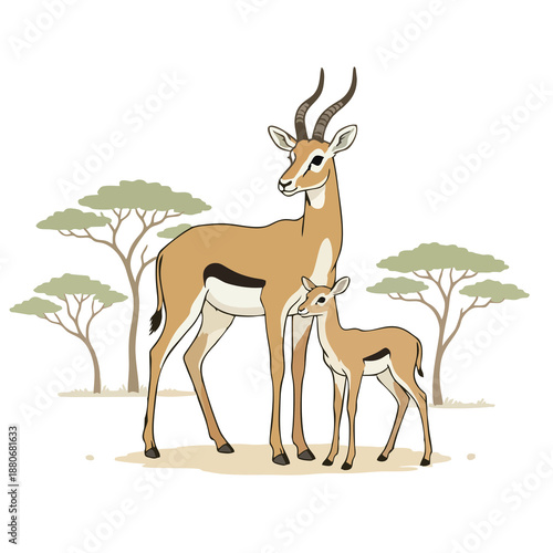Detailed Line Art Family Gazelle Standing in African Savanna Illustration
