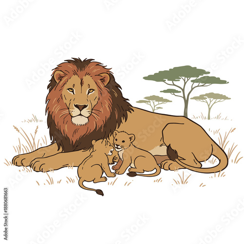 Cartoon Style Lion Pride Resting with Cubs Animal Illustration