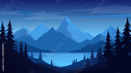 Tranquil Mountain Lake Landscape Vector Illustration with Pine Trees and Starry Night Sky