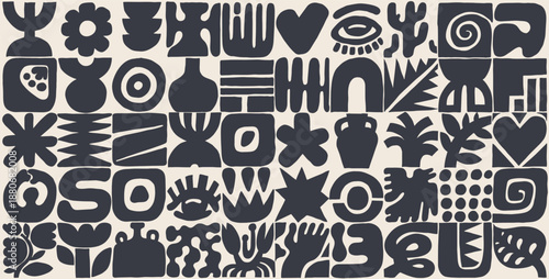 Organic shapes set in kids naive art style. Abstract geometric vector forms inspired by cut paper collage. Playful elements for patterns, templates, stickers, promo design, web, social media graphics.