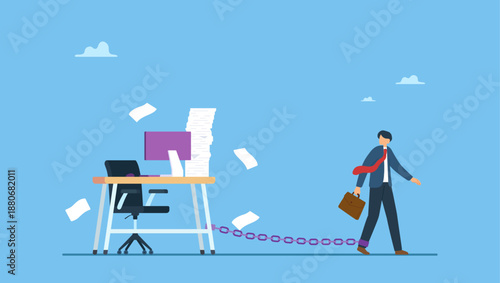 Depressed businessman prisoner found himself chained with working desk. Office job work hard like a slave, overworked with busy and urgent assignment, exhausted or stressful responsibility.