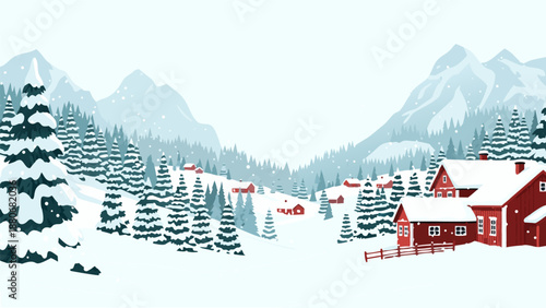 Charming winter village vector illustration with snow-covered trees and mountains in a cozy, festive setting