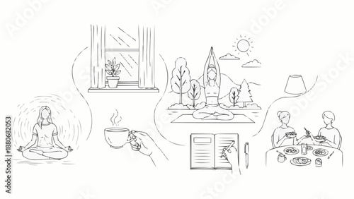Line art drawing of healthy lifestyle activities and self care.
